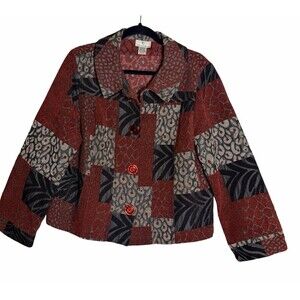 The Travel Collection Tapestry Brocade Button Up Jacket Womens XL Red Patchwork